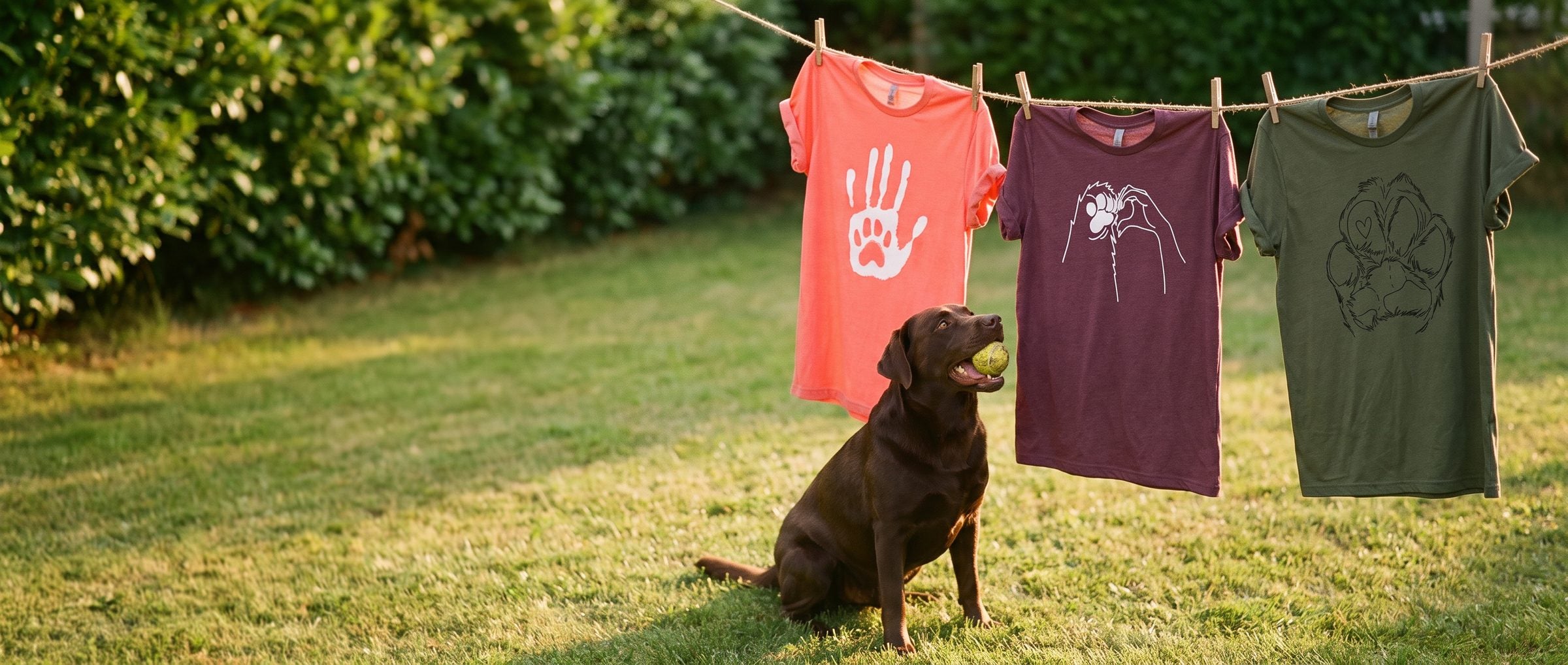 New Paw Cartoon tees on a clothesline with a chocolate Labrador holding a tennis ball