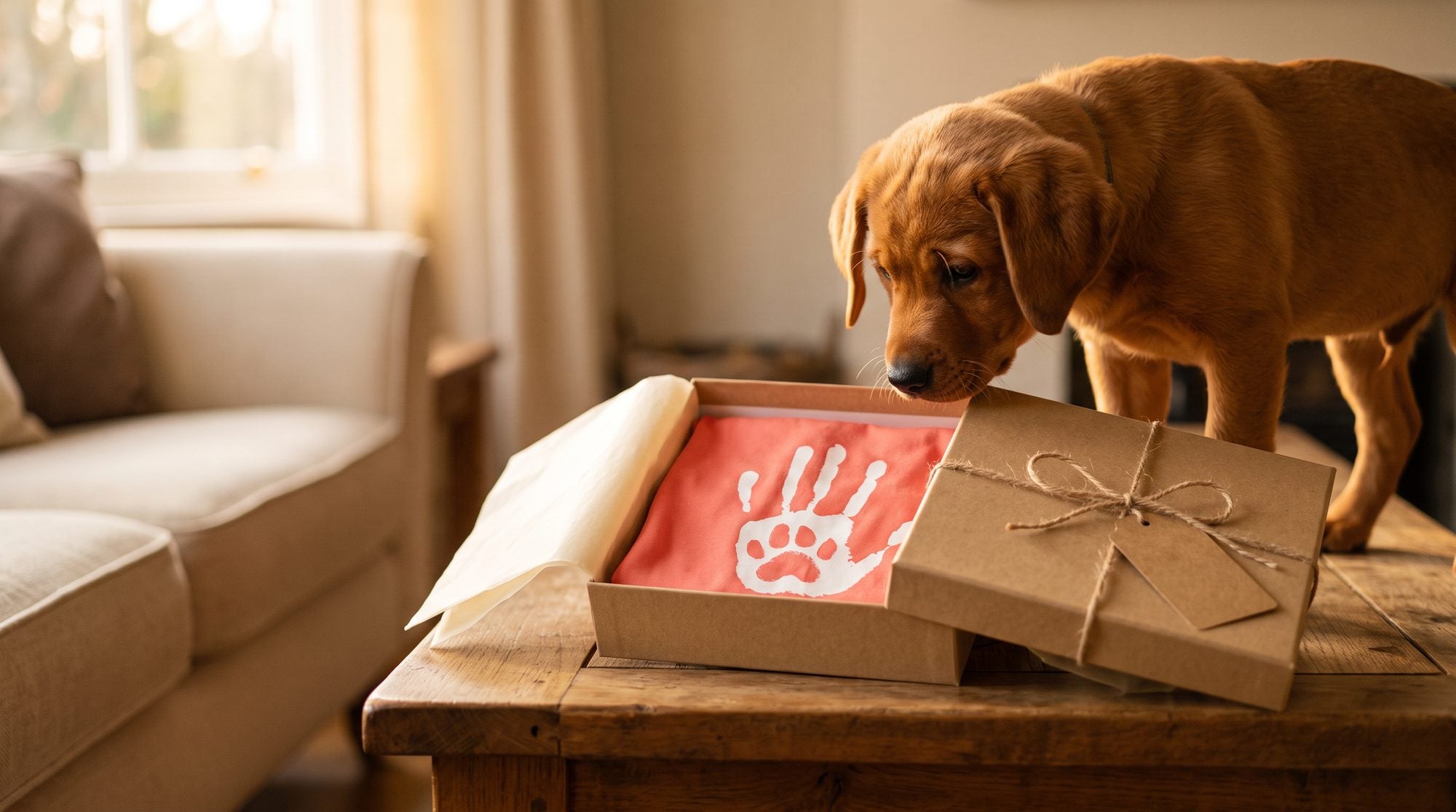 Fox red Labrador puppy sniffing a gift box with the Coral Silk Paw Print tee