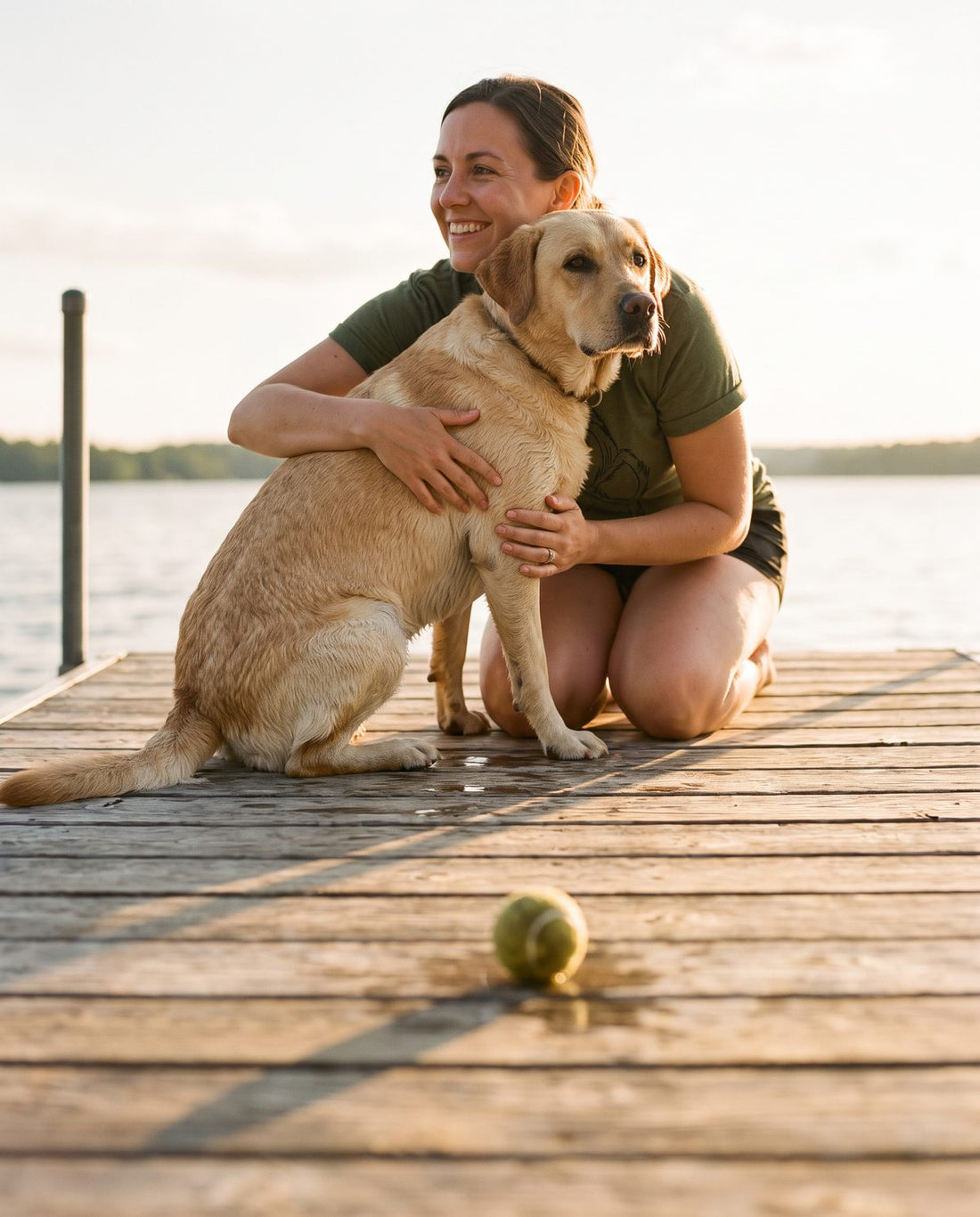 Dog mom hugging her yellow Labrador on a lake dock at sunset, wearing the Military Green Paw tee