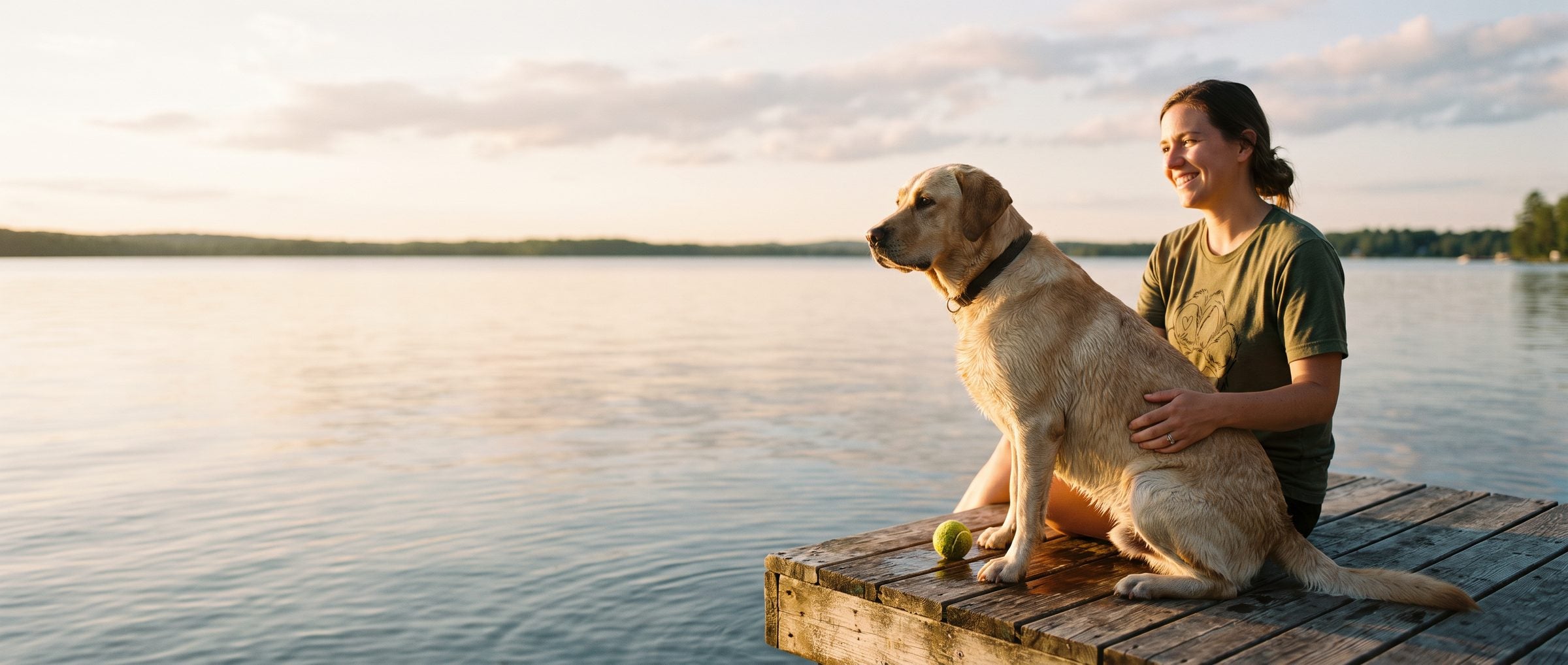 Dog mom hugging her yellow Labrador on a lake dock at sunset, wearing the Military Green Paw tee