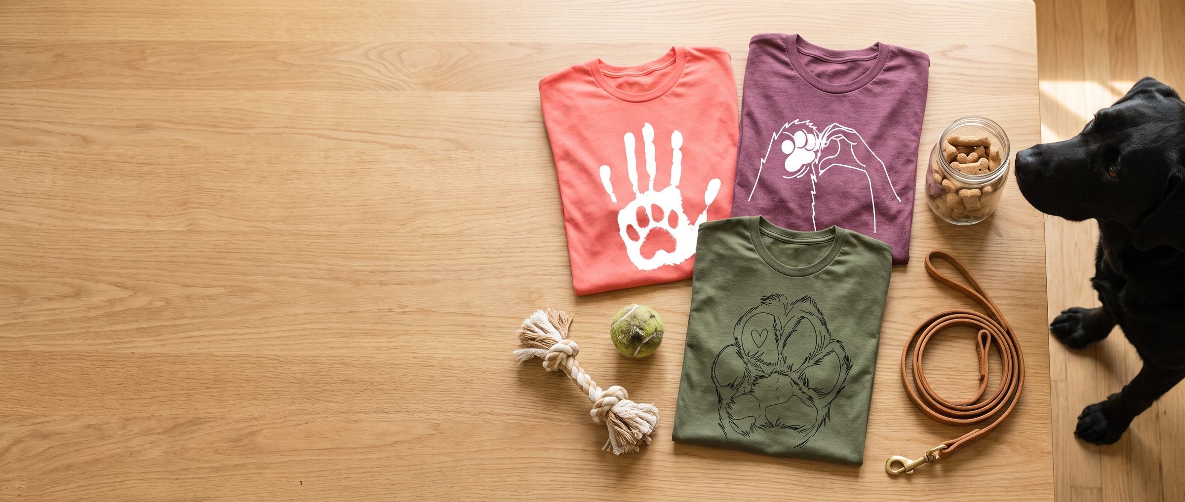 Paw Cartoon tees on an oak table with a tennis ball, rope toy and biscuits, a black Lab peeking in