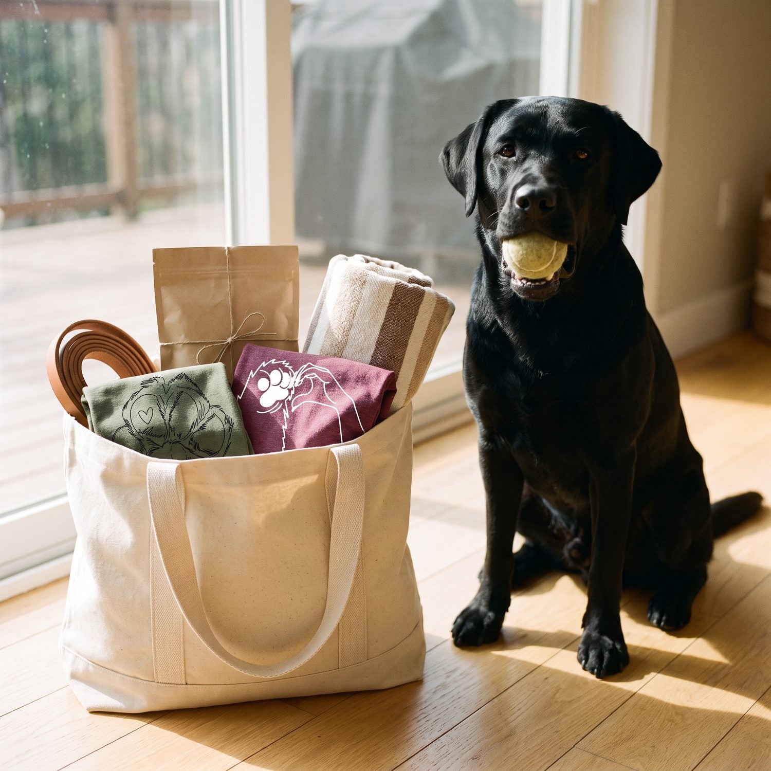 Black Labrador holding a tennis ball beside a canvas tote packed with Paw Cartoon tees