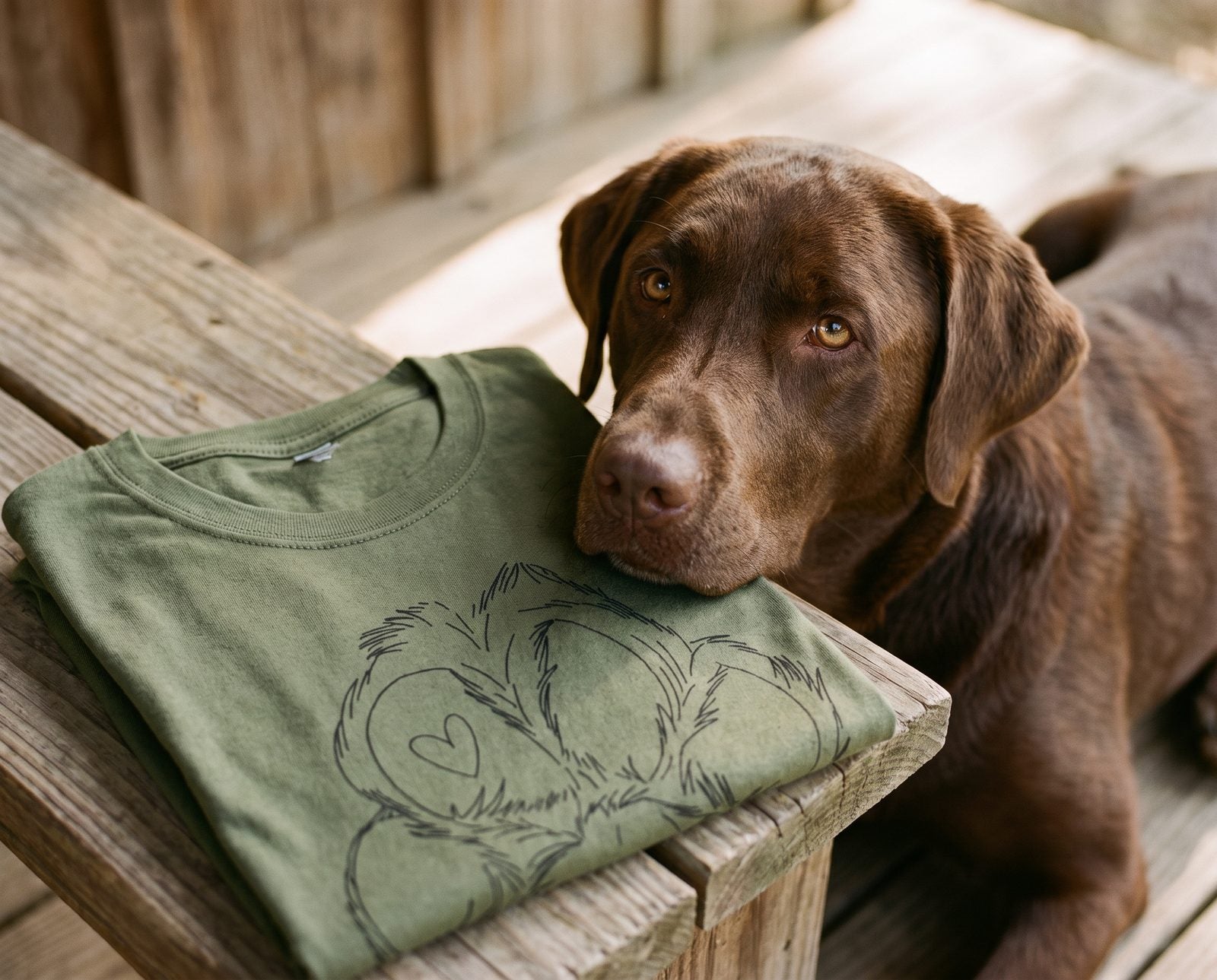 Chocolate Labrador resting its chin on a folded Military Green Paw tee